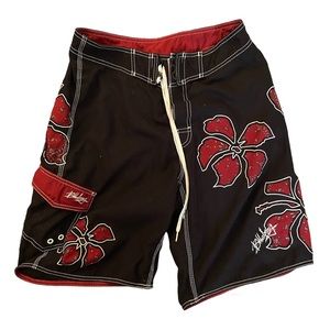 Vintage 00s Billabong Red & Black Bandana Print Hawaiian Swim Trunk Mens Size 32